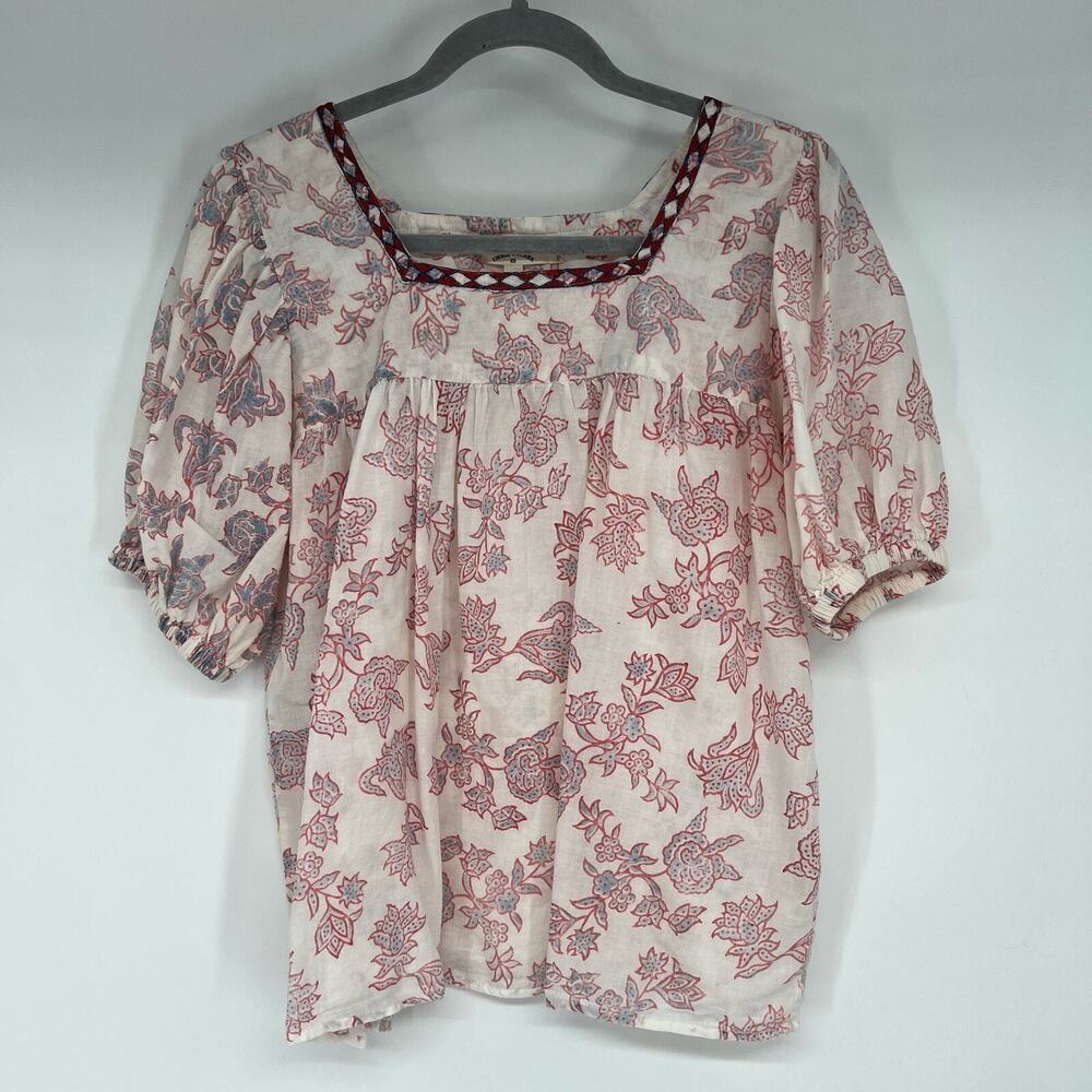 Umber & Ochre Handwoven Cotton Peasant Top Floral Sz XS/S Cream Embroidered Neck